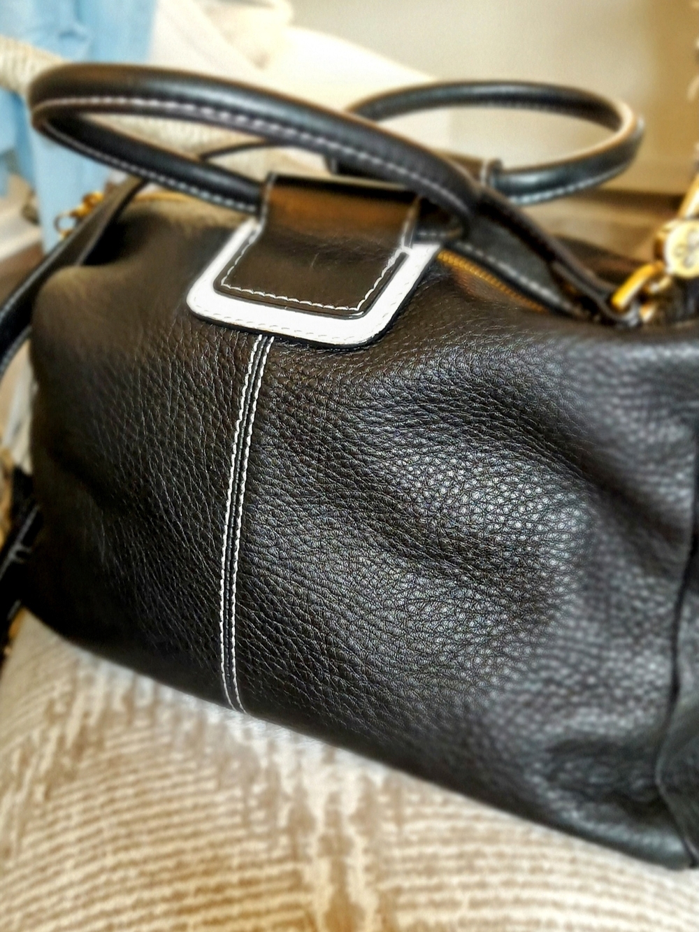 Black Leather Sheila Small Satchel Handbag with White Trim